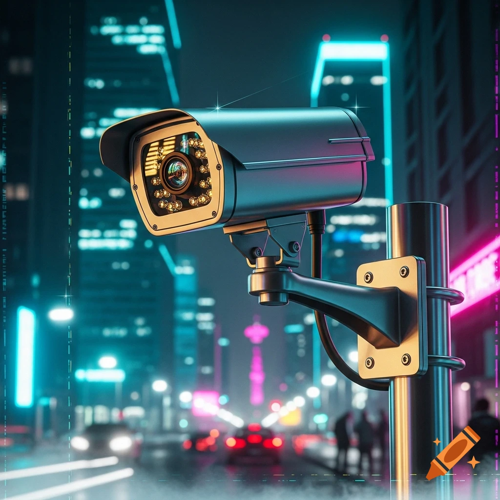 A detailed CCTV camera on a pole oversees a neon-lit futuristic city street at night.