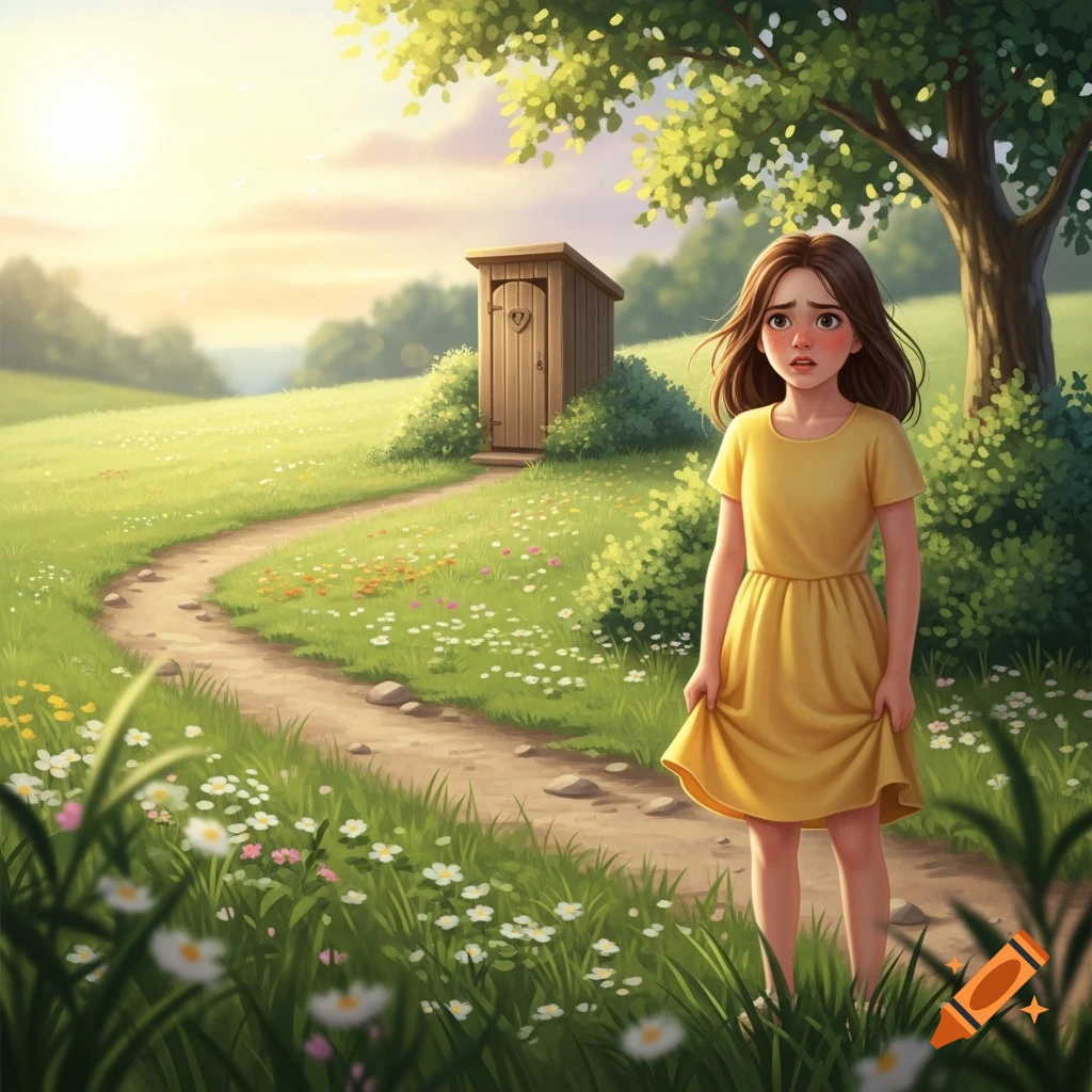 A worried young girl in a yellow dress stands in a field with wildflowers and a path leading to a wooden outhouse at sunset.