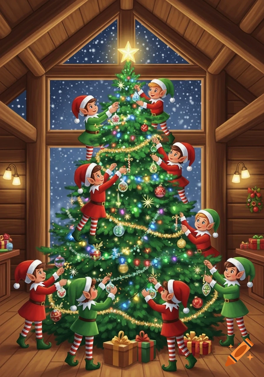 Cartoon elves in red and green outfits decorate a brightly lit Christmas tree inside a cozy wooden cabin with snow outside.