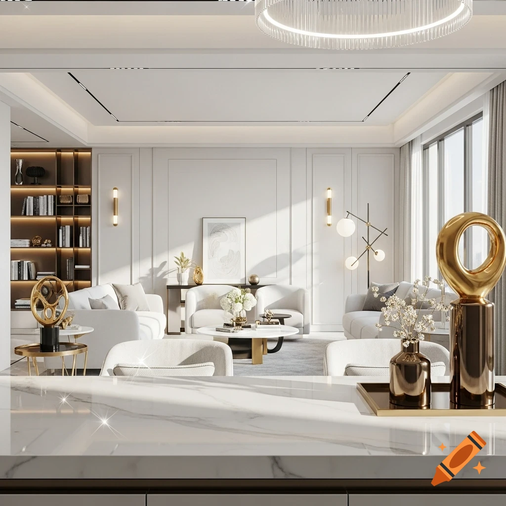 A photorealistic luxury modern living room featuring white and gold tones, marble countertops, and elegant decor.