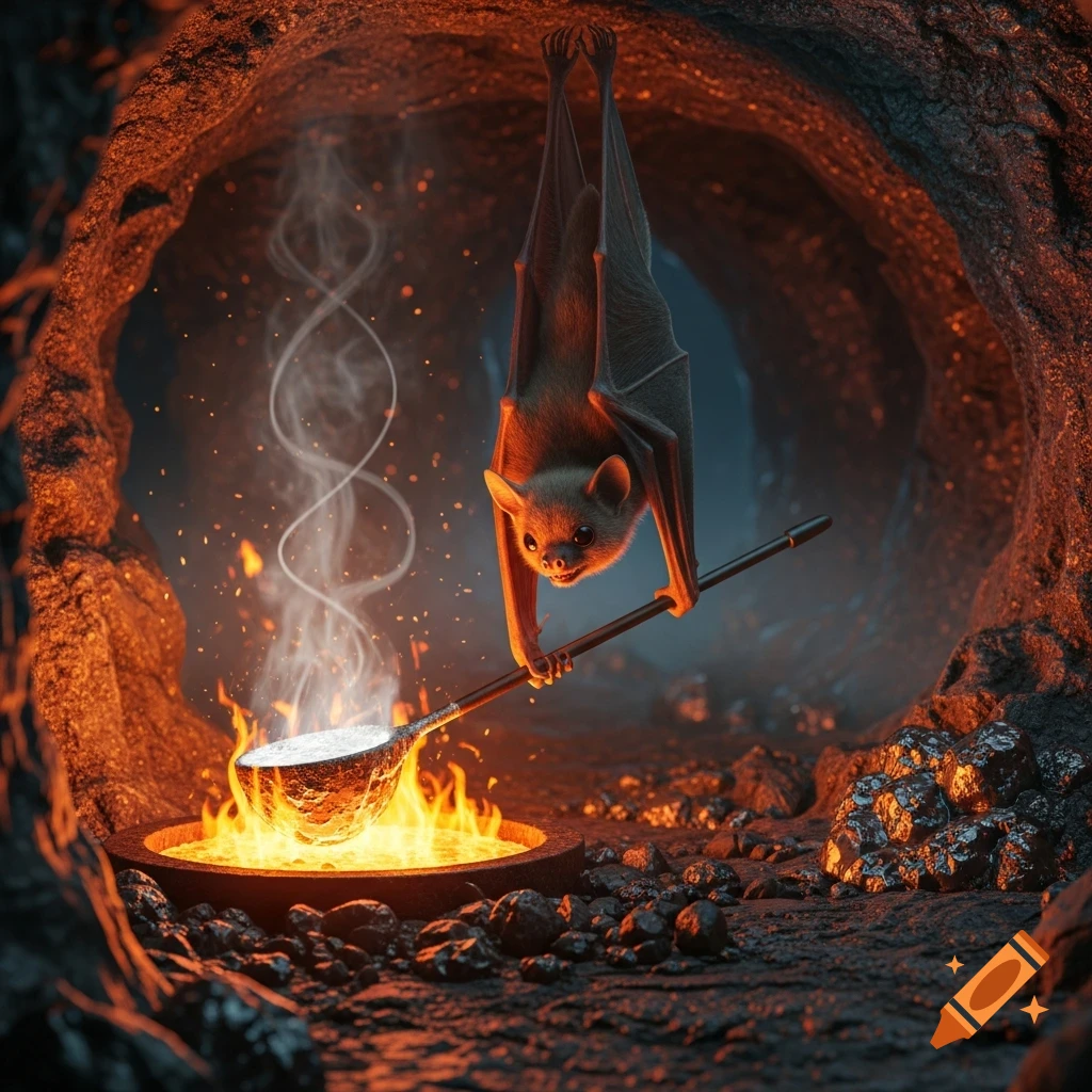 A cute bat hangs upside down in a dark, glowing cave, smelting silver in a fiery furnace with a ladle.