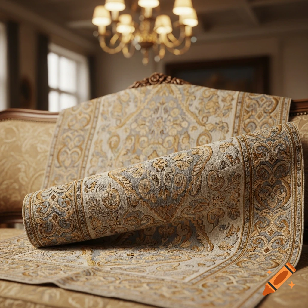 A partially rolled, ornate patterned rug with gold and grey tones in an elegant room with a chandelier.