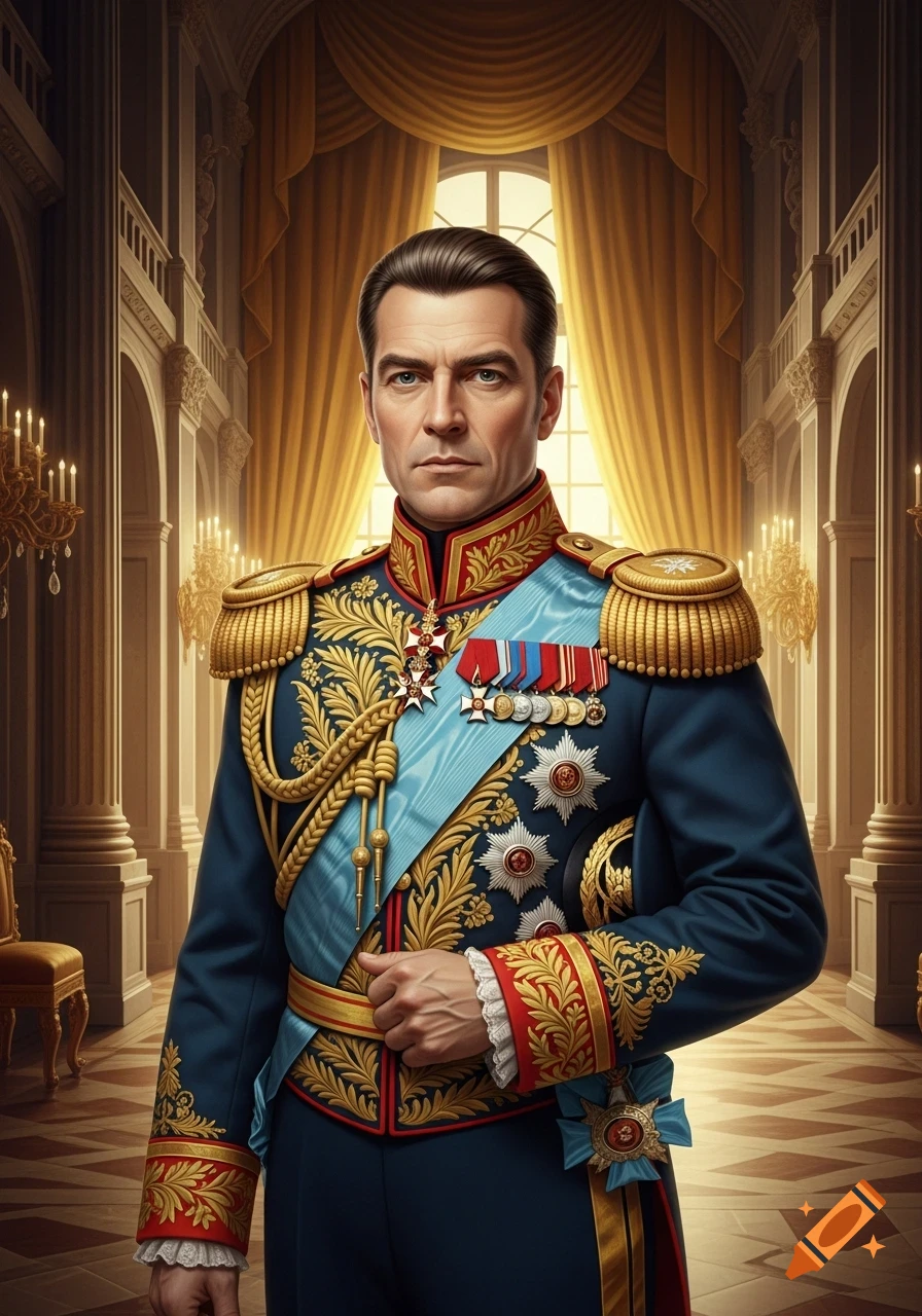 A man in a blue and gold military uniform adorned with medals and epaulets stands in a grand palace with golden curtains and marble columns.