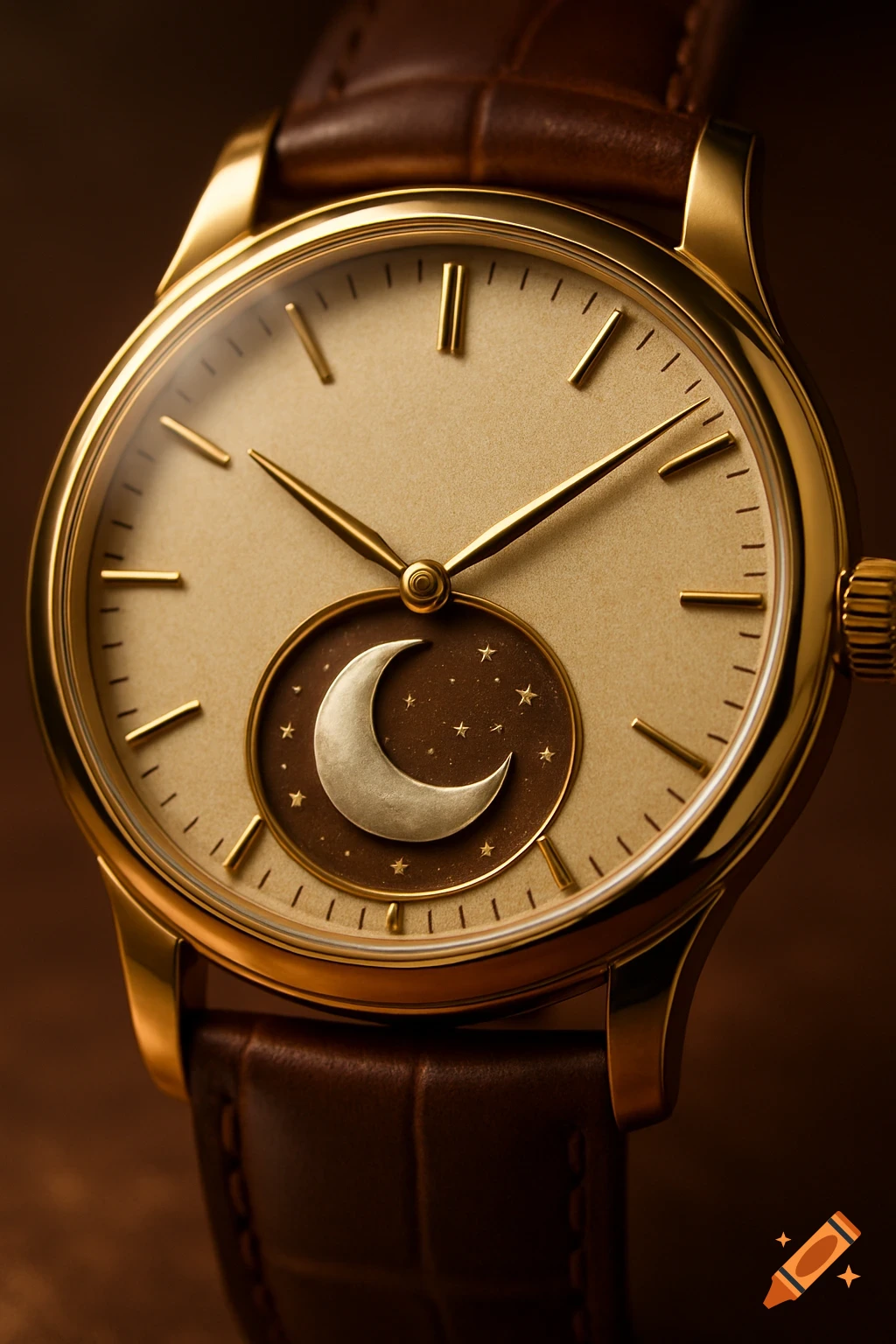 Close-up of a luxurious gold moonphase watch with a beige dial, a crescent moon, stars, and a brown leather strap.