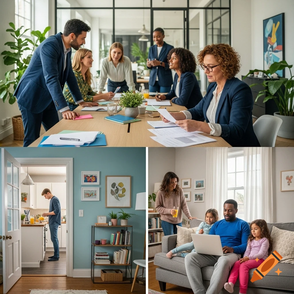 Split image shows business professionals in an office meeting, a man working in a kitchen, and a family on a couch with a laptop.