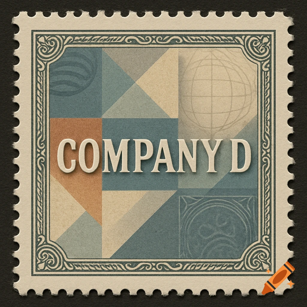 A vintage-style postage stamp featuring the text 'COMPANY D' over a geometric pattern in blue, beige, and orange.