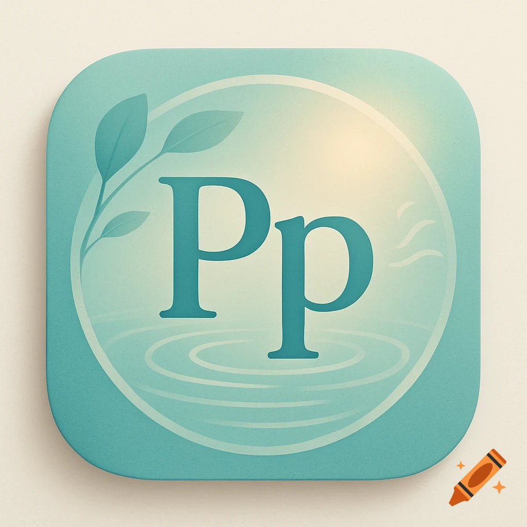 A teal and yellow app icon with the letters 'Pp', stylized leaves, and water ripples.