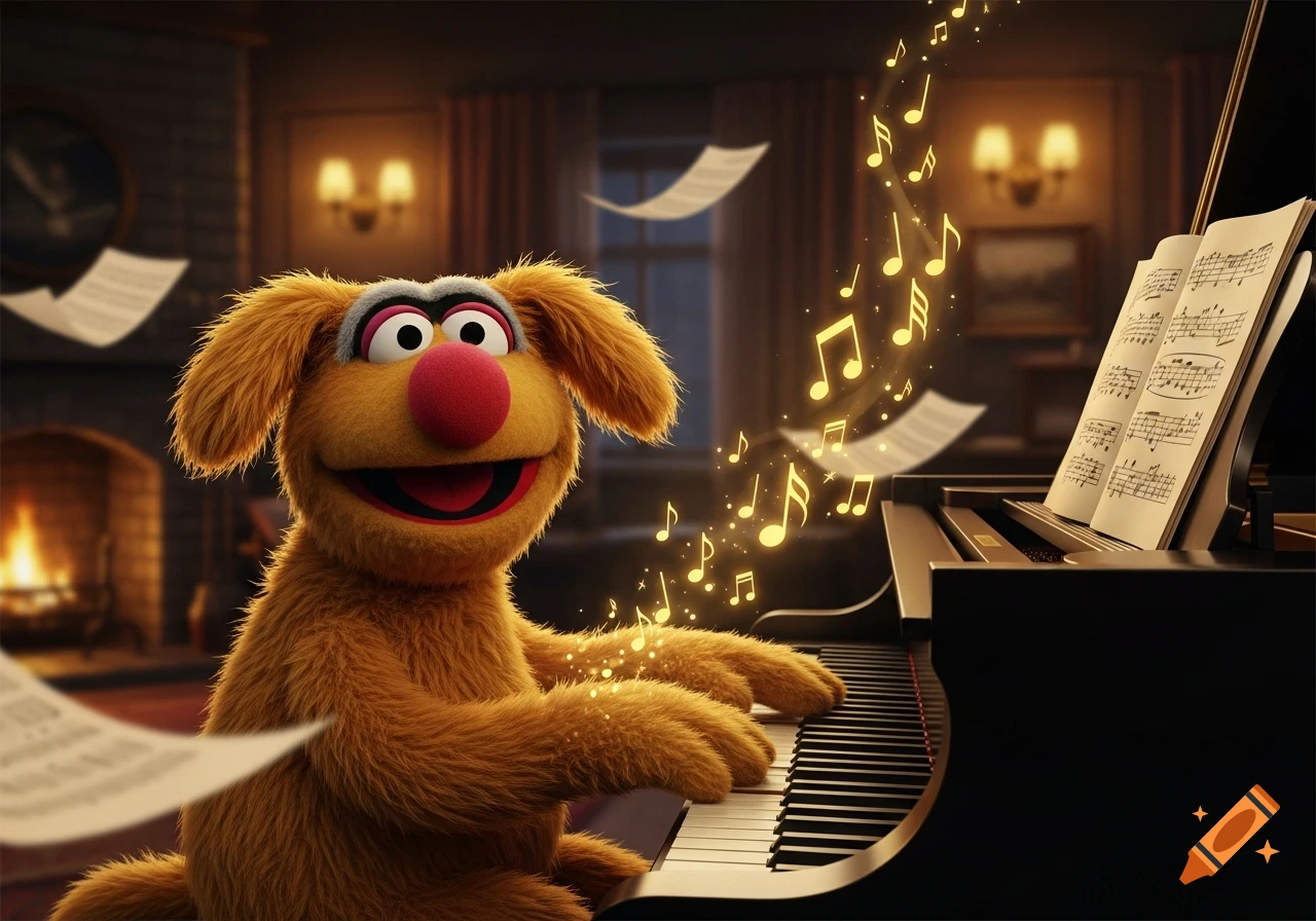 A furry muppet-like dog plays a grand piano, surrounded by glowing musical notes, in a cozy room with a fireplace.