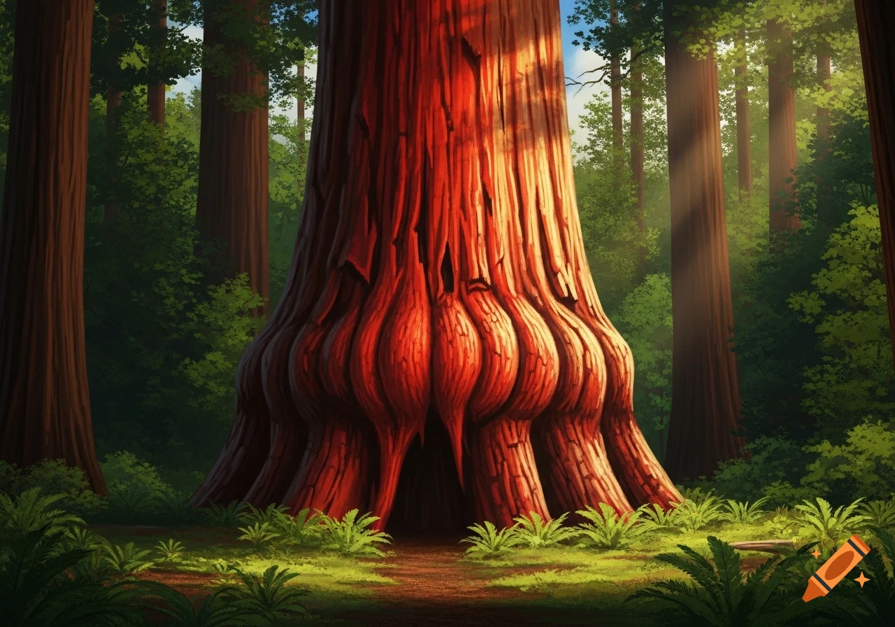 A vibrant illustration of a massive redwood tree trunk with a bulbous base, centered in a sun-dappled forest.