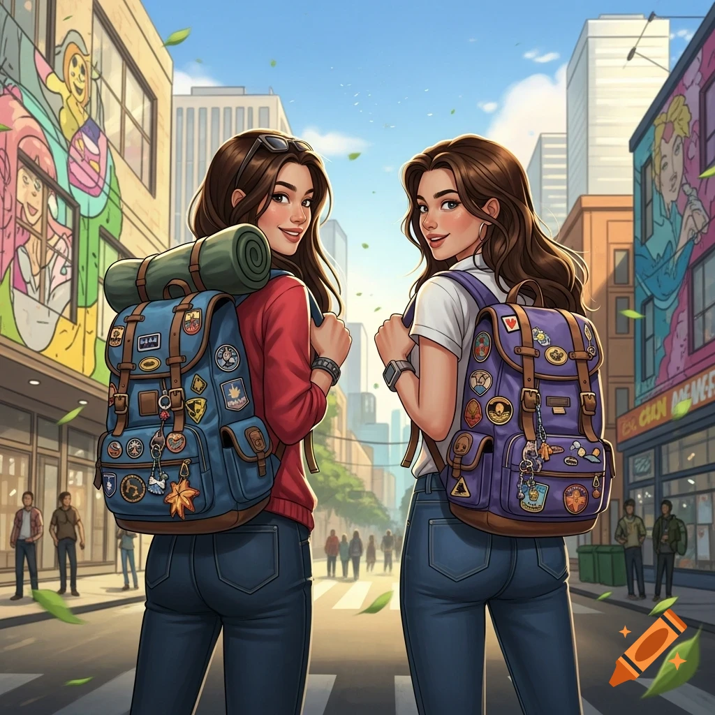 Two young women with backpacks smiling, walking down a sunny city ...