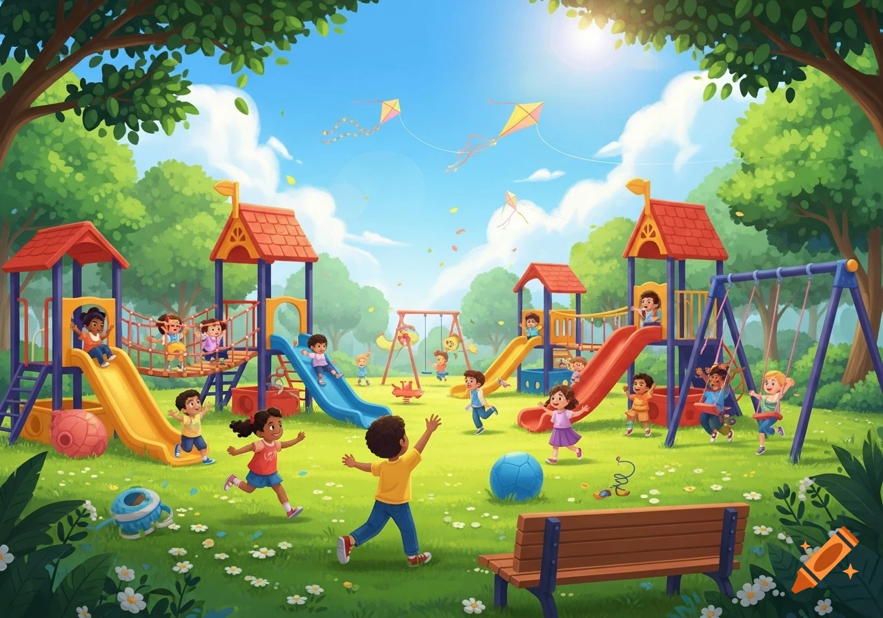 Vibrant cartoon illustration of diverse children playing happily in a sunny outdoor playground with slides, swings, and trees.