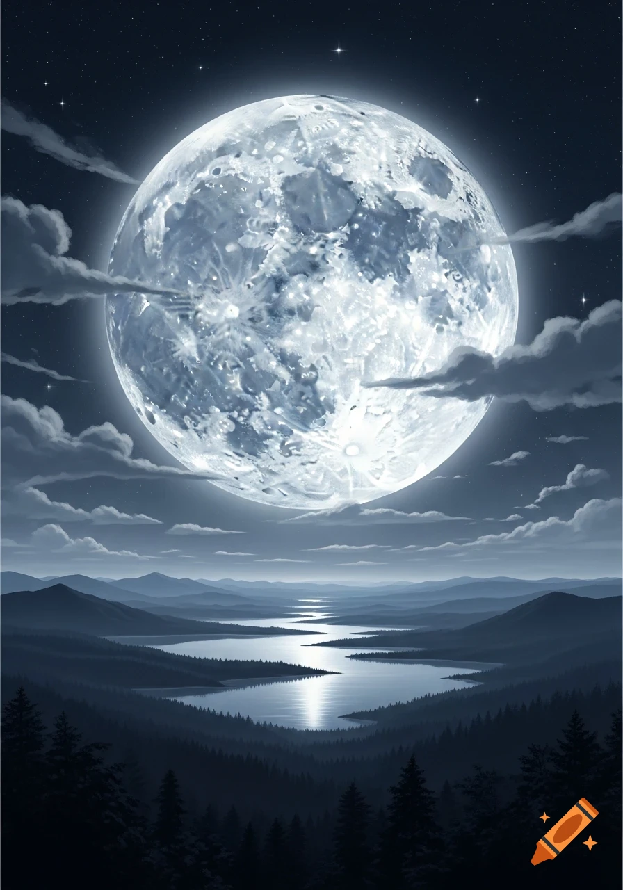 Large full moon illuminates a serene mountain landscape with a winding ...