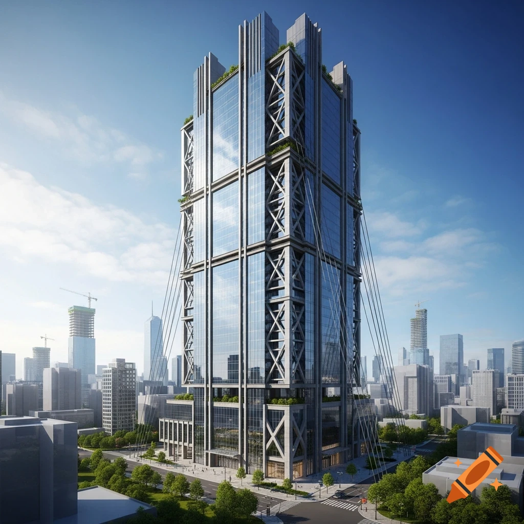 Photorealistic rendering of a modern skyscraper with external bracing and tension cables in a city under a clear blue sky.