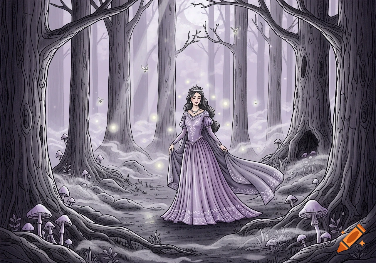 A princess in a purple dress stands in an enchanted, hand-drawn fairytale forest with glowing fireflies and mushrooms.