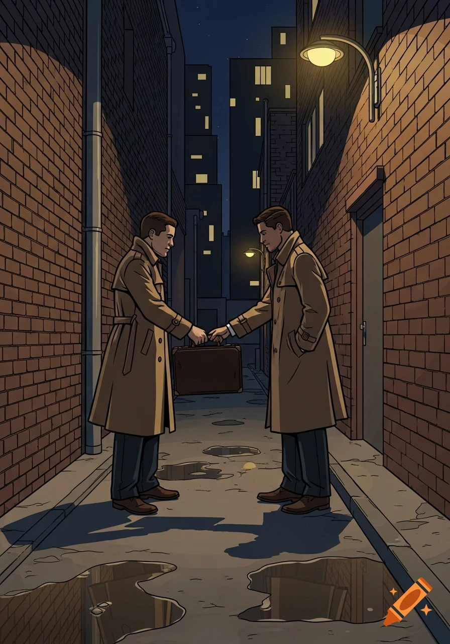 Two men in trench coats exchange a briefcase in a dark, wet alley at night, in a graphic novel style.