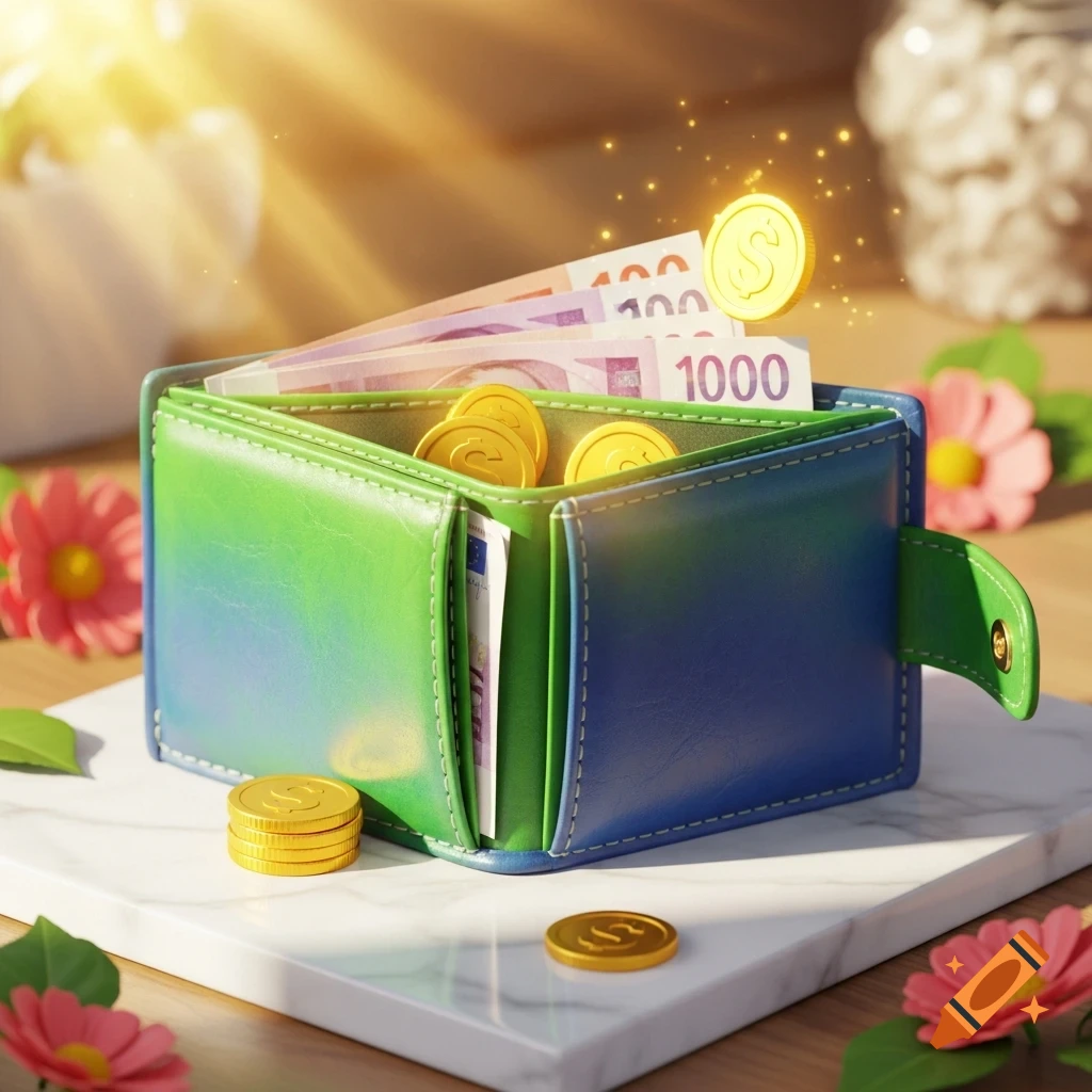A vibrant green and blue wallet overflowing with banknotes, gold coins, and magical golden dust, surrounded by pink flowers on a marble surface.