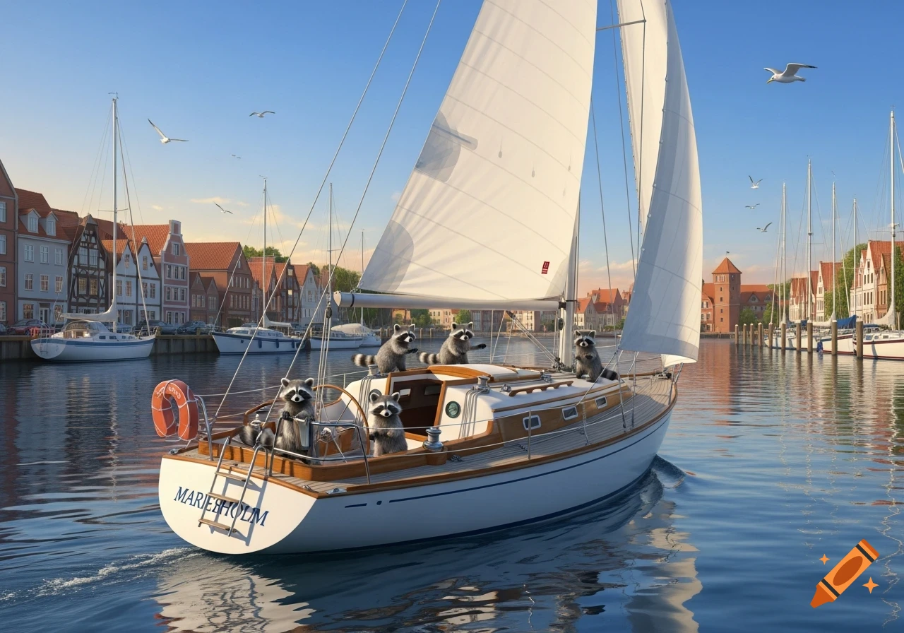 Five raccoons on a white sailboat named 'MARIEHOLM' sail into a sunny harbor with colorful buildings.