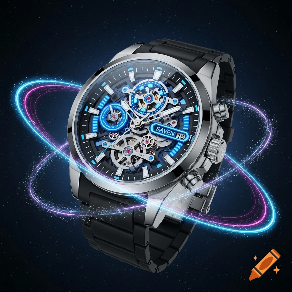 A detailed silver and black mechanical wristwatch with glowing blue elements and visible gears, against a dark, starry background with pink and blue light trails.