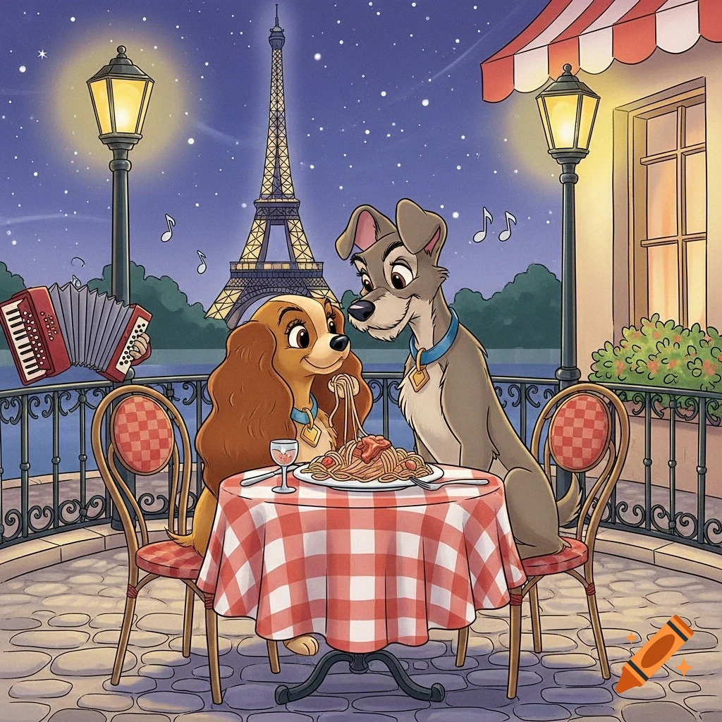 Cartoon Lady and the Tramp share spaghetti on a Parisian balcony overlooking the Eiffel Tower at night.