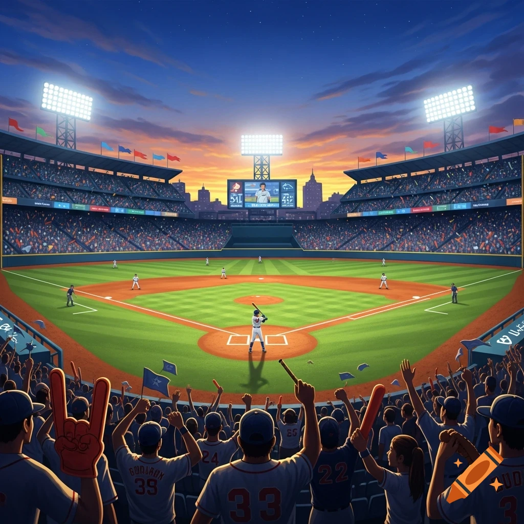 A wide shot of a crowded baseball stadium during a game at sunset, with a batter at home plate and fans cheering in the foreground.