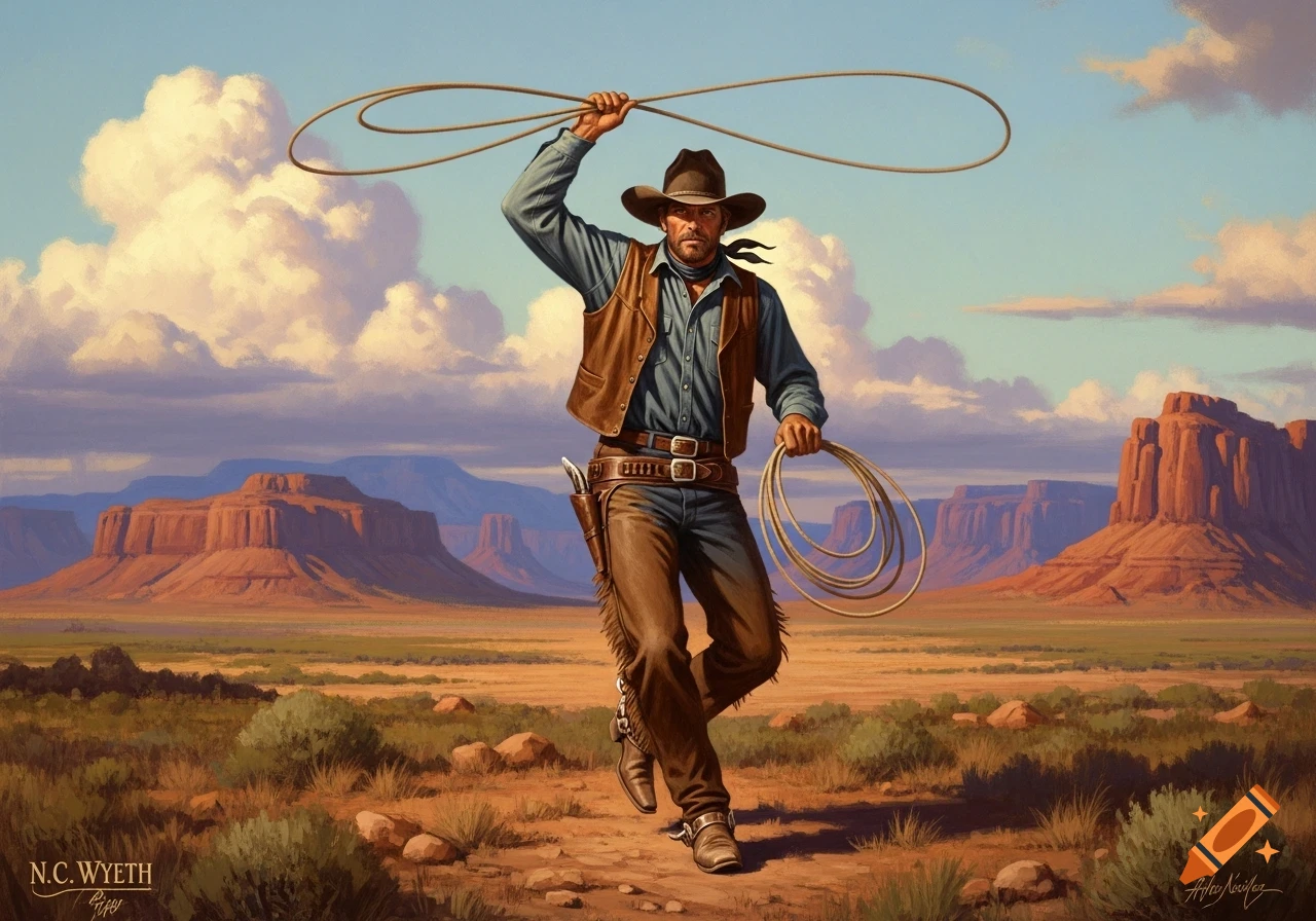 A painted cowboy in a desert, holding a lasso, with mesas and a cloudy sky in the background.