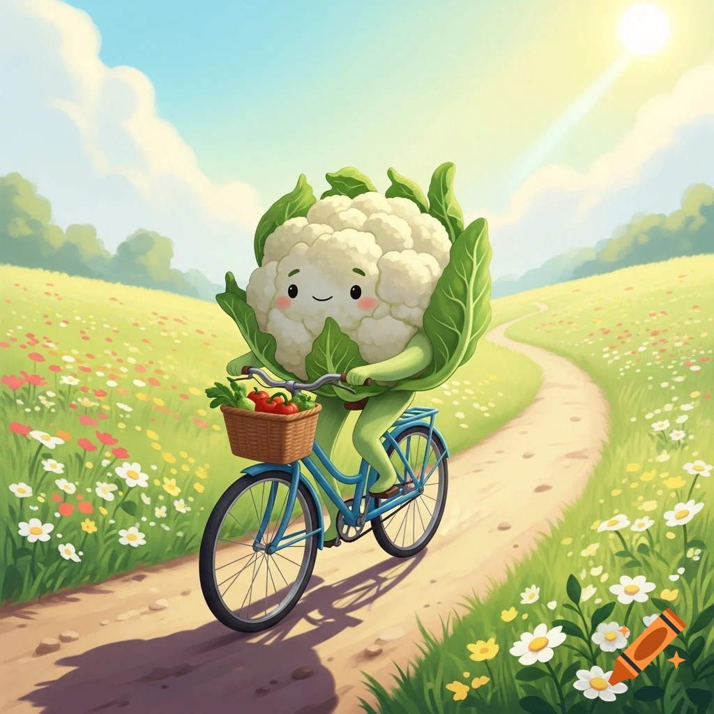 A cheerful cartoon cauliflower rides a blue bicycle with a basket of vegetables along a sunny dirt path through a field of flowers.