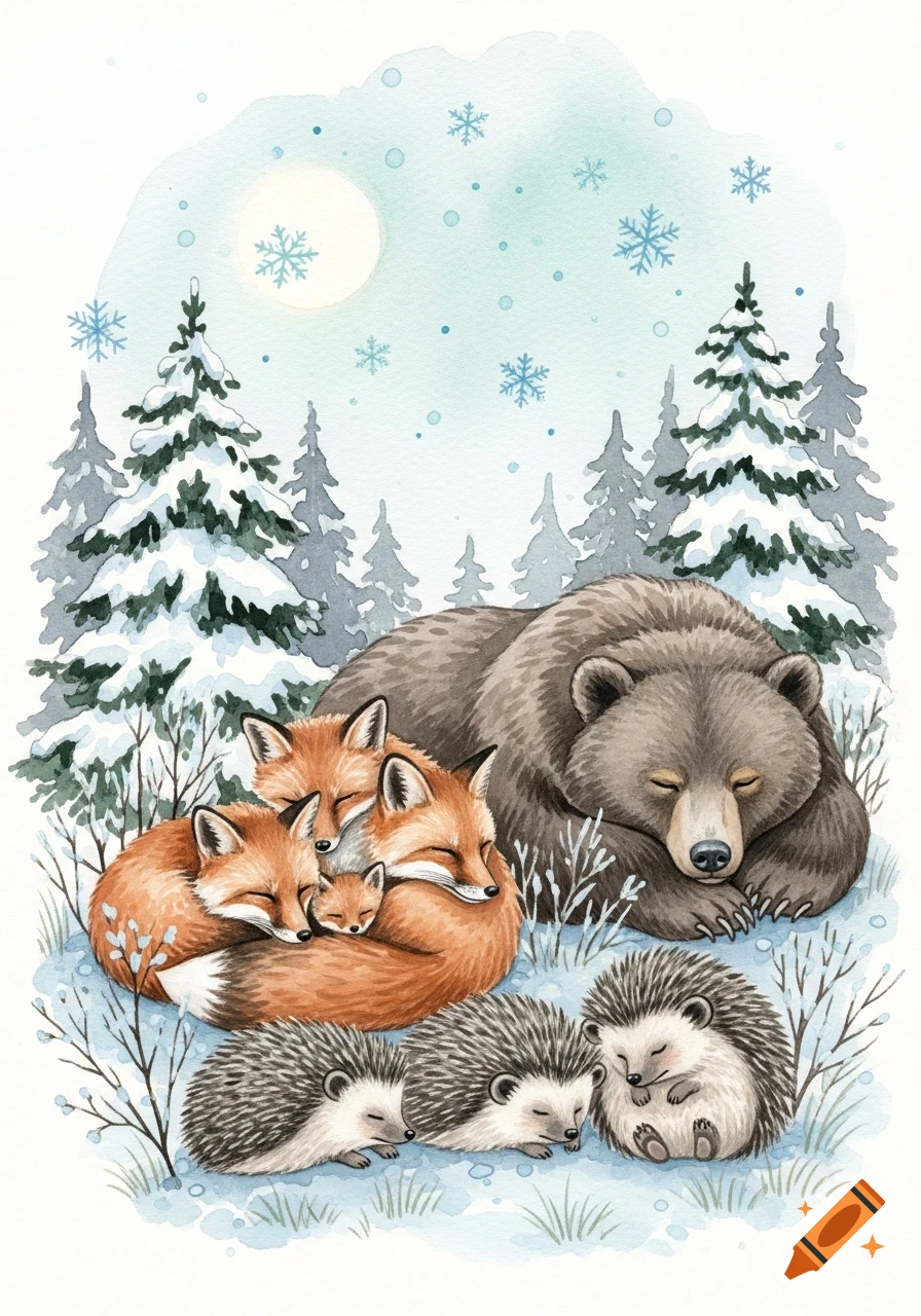 Watercolor illustration of sleeping foxes, a bear, and hedgehogs nestled in a snowy winter forest with snowflakes and a full moon.