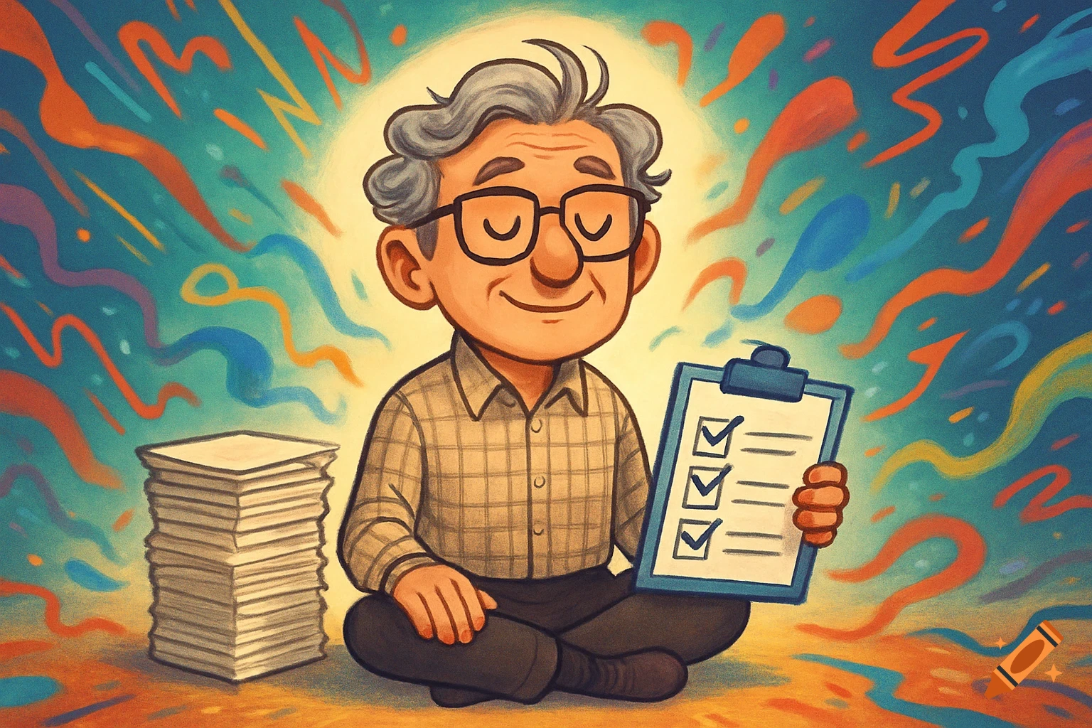 A cartoon man with gray hair and glasses sits calmly, holding a checklist with three checkmarks, next to a stack of documents, against a vibrant, swirling background.