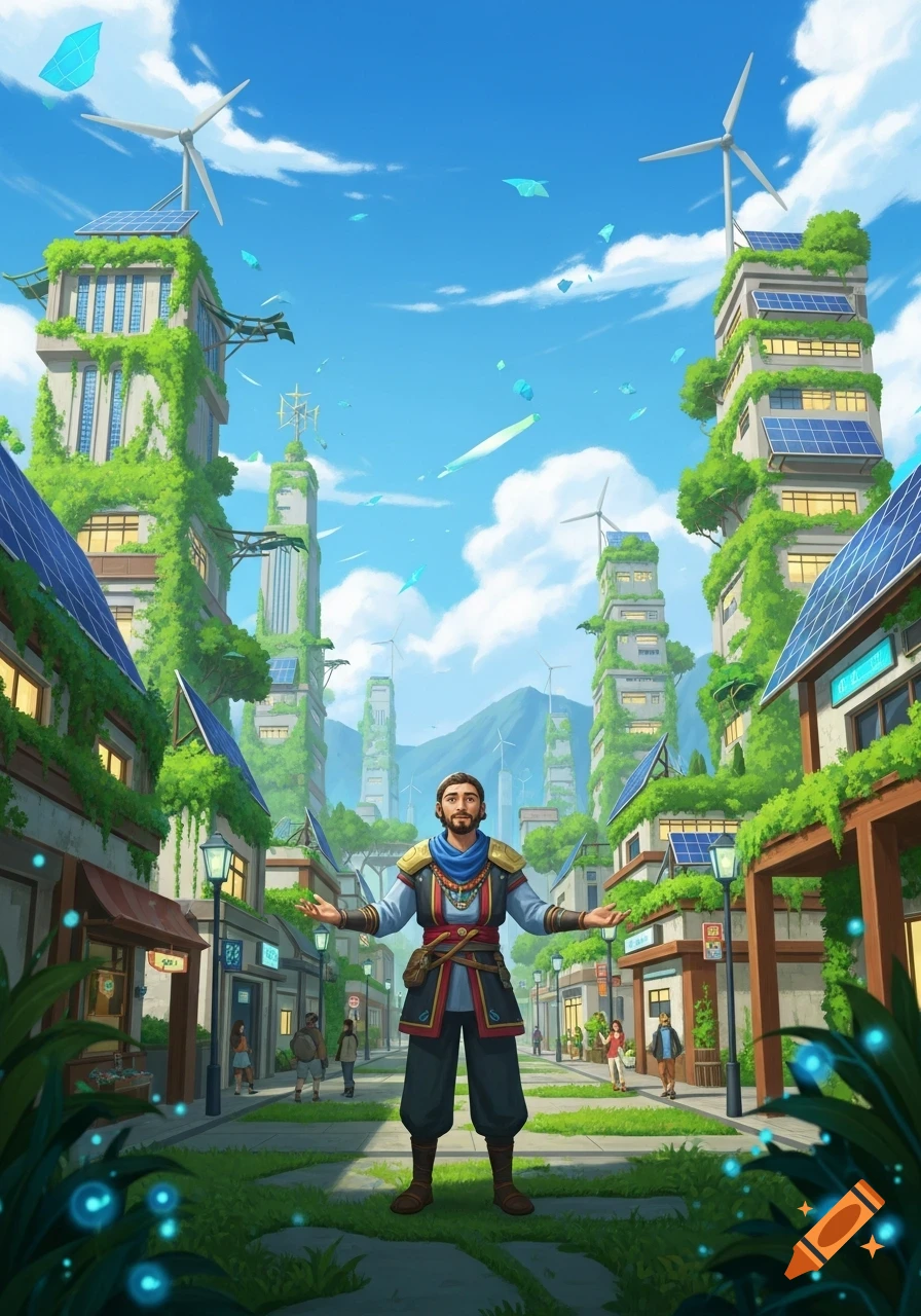 An illustrated man with outstretched arms in a vibrant solarpunk city with green buildings, solar panels, and wind turbines.