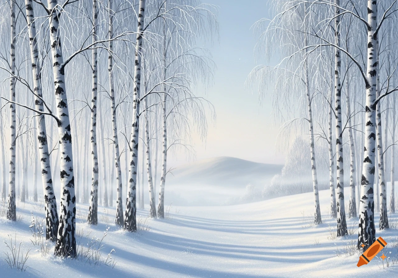 A serene winter landscape featuring a forest of white birch trees covered in snow, bathed in soft morning light.