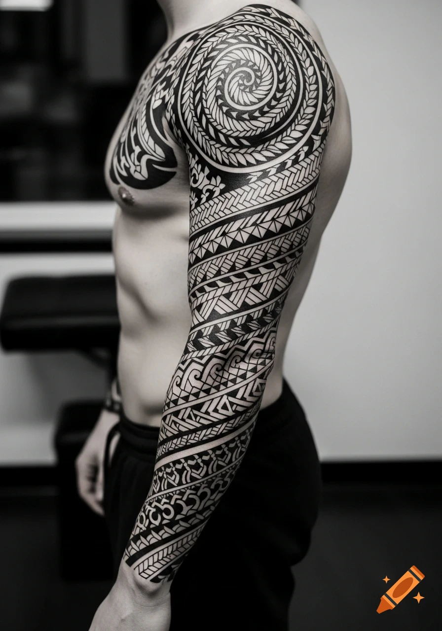 A man's torso and arm fully covered in an intricate black and white tribal tattoo, featuring a prominent spiral design.