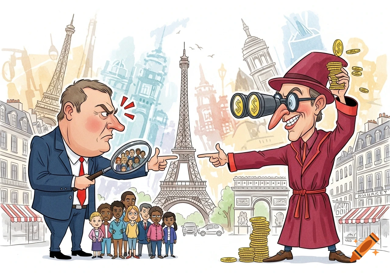 Political caricature in Paris shows an angry man with a magnifying glass on a diverse crowd, and a smiling man with binoculars looking at money.