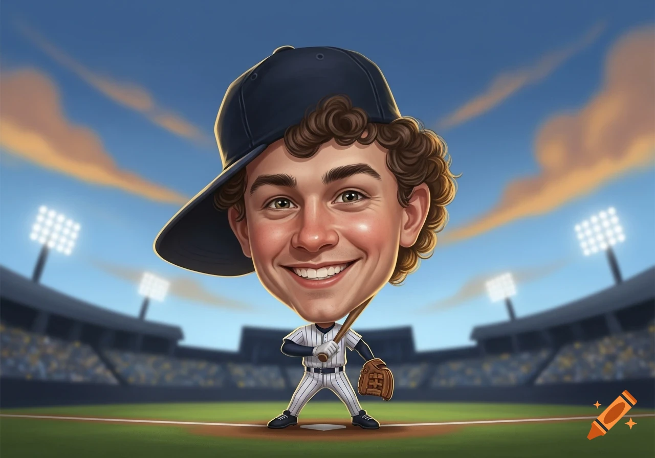 A caricature of a smiling young baseball player with a big head and small body, holding a bat, on a baseball field.