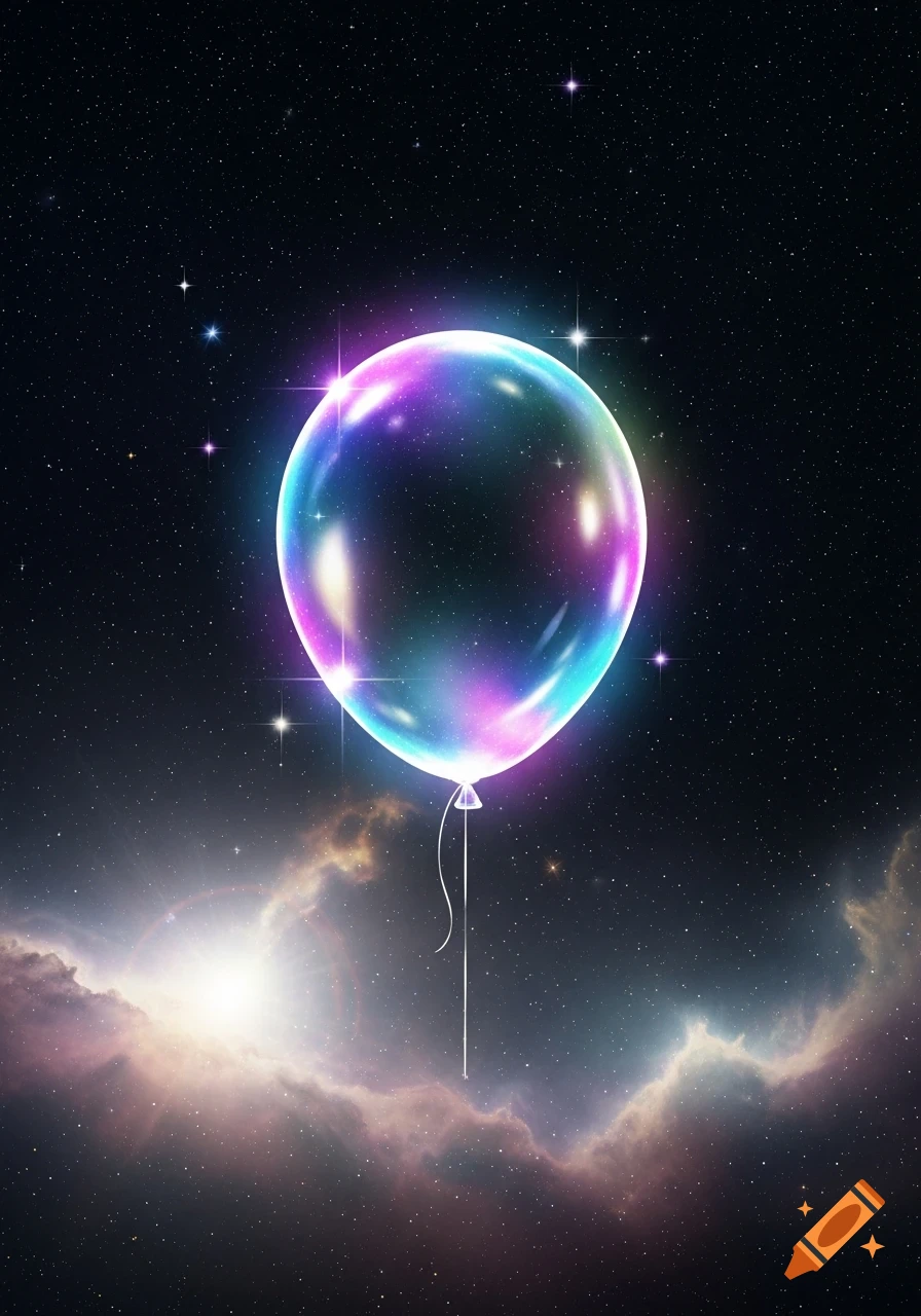 A vibrant, luminous, translucent balloon floats in deep space, surrounded by countless stars and colorful nebulae.