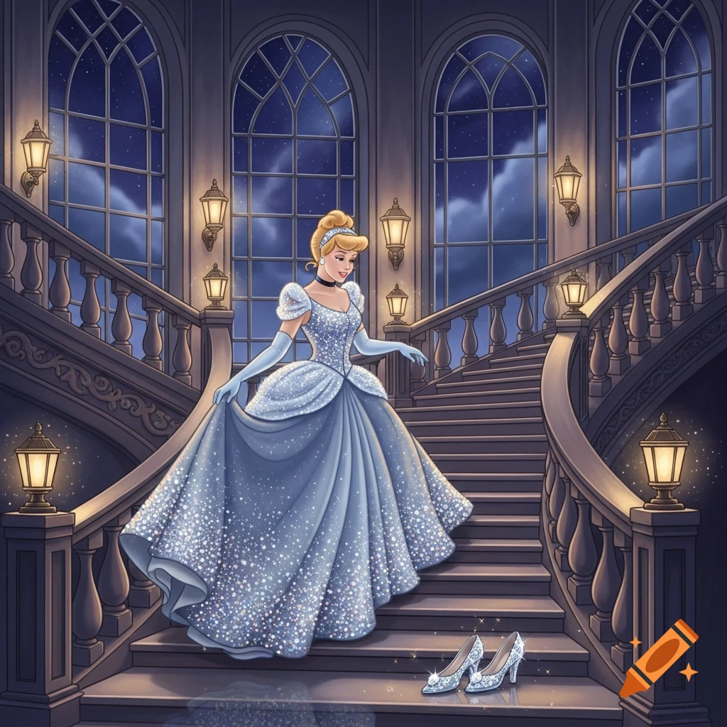 Cinderella descends a grand staircase in a sparkling blue ball gown, leaving behind glass slippers on the steps, under a starry night sky.
