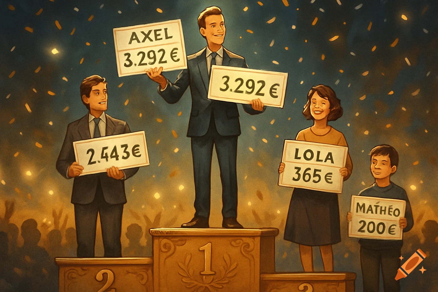 Four people on a winner's podium, with the first-place winner holding two signs for "AXEL 3.292 ", while confetti falls around them. Each person holds a sign with their name and prize money.