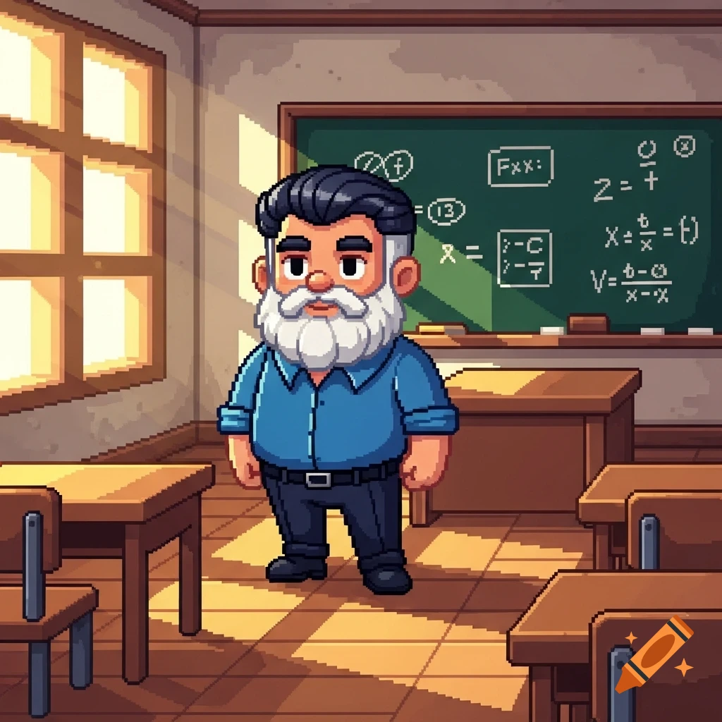 A chubby pixel art male teacher with a white beard and black hair stands in a classroom with a blackboard and desks.