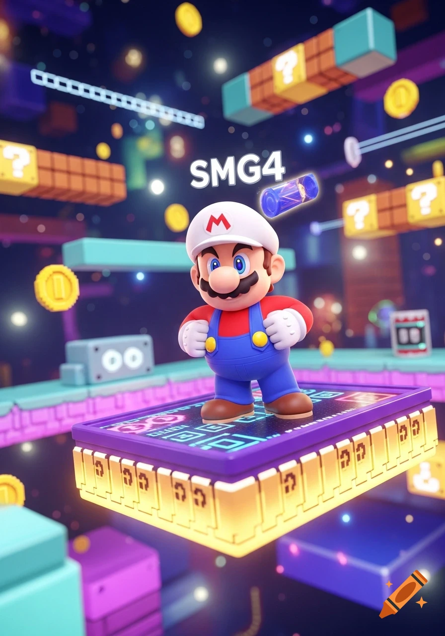 A 3D render of a Mario-like character wearing a white hat, standing on a glowing purple platform in a vibrant space-themed level with question blocks and coins. The text "SMG4" floats above.