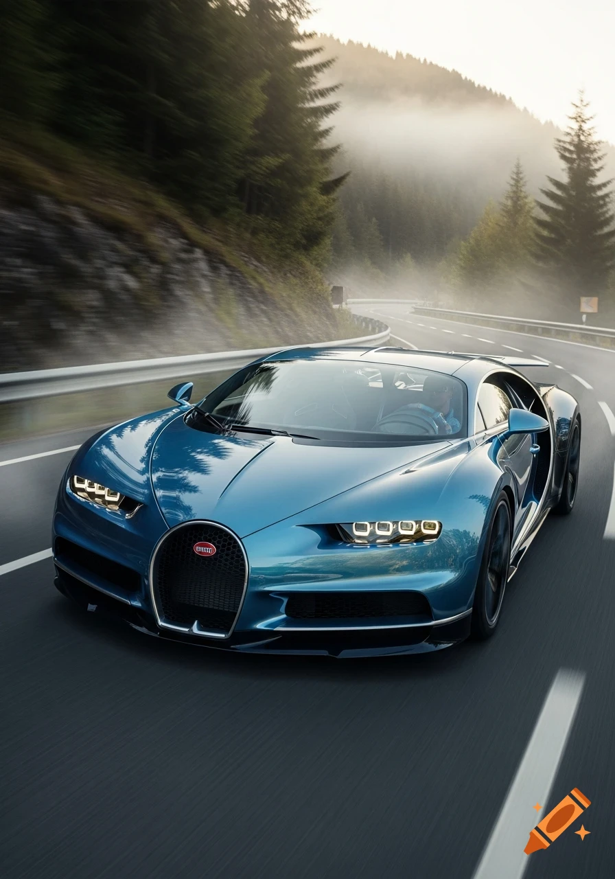 A metallic blue Bugatti Chiron drives on a winding road through a misty, forested mountain landscape at dawn, with trees and fog in the background.