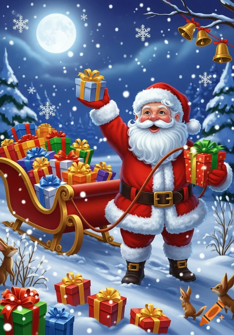 Cheerful Santa Claus holding gifts in a snowy winter wonderland with a sleigh full of presents, small animals, and a full moon.