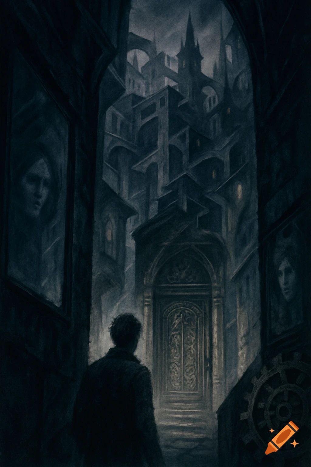 A solitary figure stands before a large, ornate door, facing a dark, labyrinthine gothic city under a cloudy sky. Eerie faces appear in window reflections.