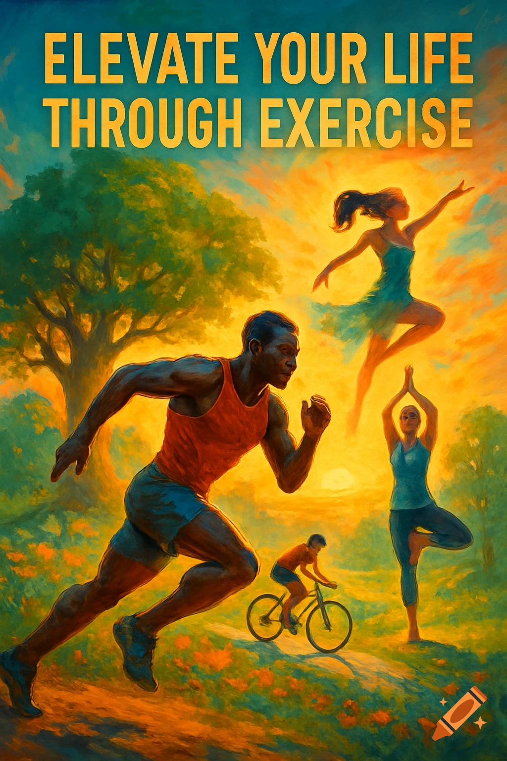 A vibrant, painterly poster showing diverse people exercising: a runner, a dancer, a yogi, and a cyclist, with text "ELEVATE YOUR LIFE THROUGH EXERCISE".