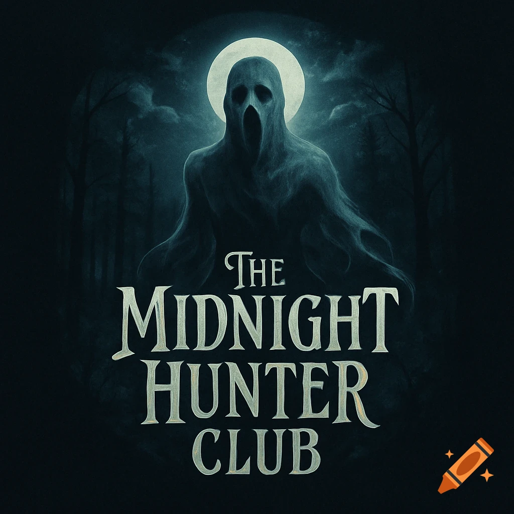 Dark logo with a screaming ghost against a full moon, silhouetted trees, and the text 'The Midnight Hunter Club'.