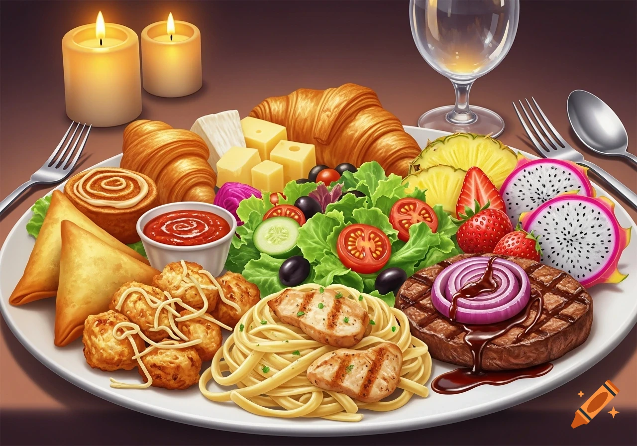 A white plate piled high with diverse foods including steak, pasta, samosas, salad, fruit, cheese, croissants, and lit candles.