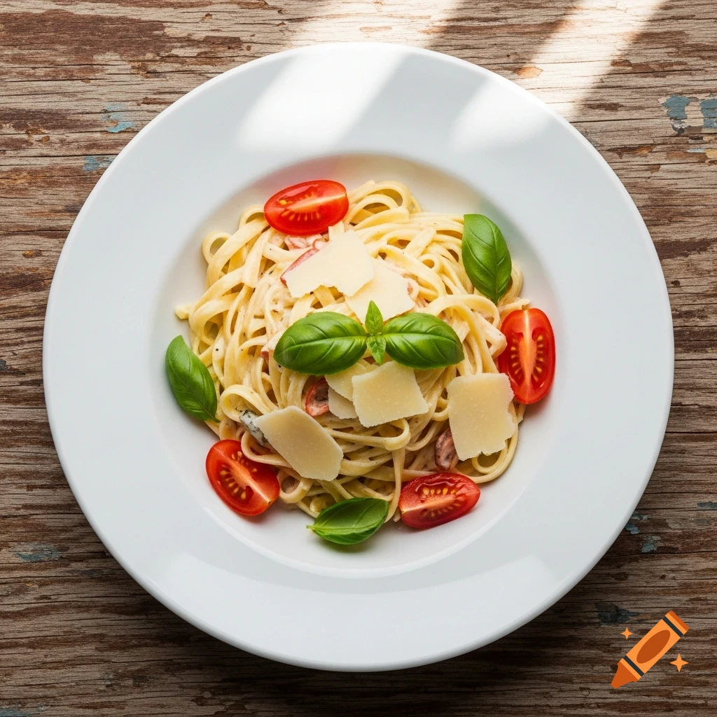 Overhead shot of gourmet pasta with creamy sauce, fresh basil, cherry tomatoes, and parmesan on a rustic wooden table.