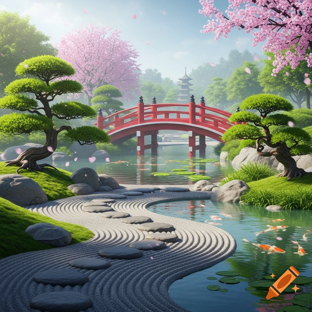 A serene Japanese garden with a red bridge over a pond, koi fish, cherry blossoms, manicured trees, and a raked gravel path. A pagoda is visible in the background.