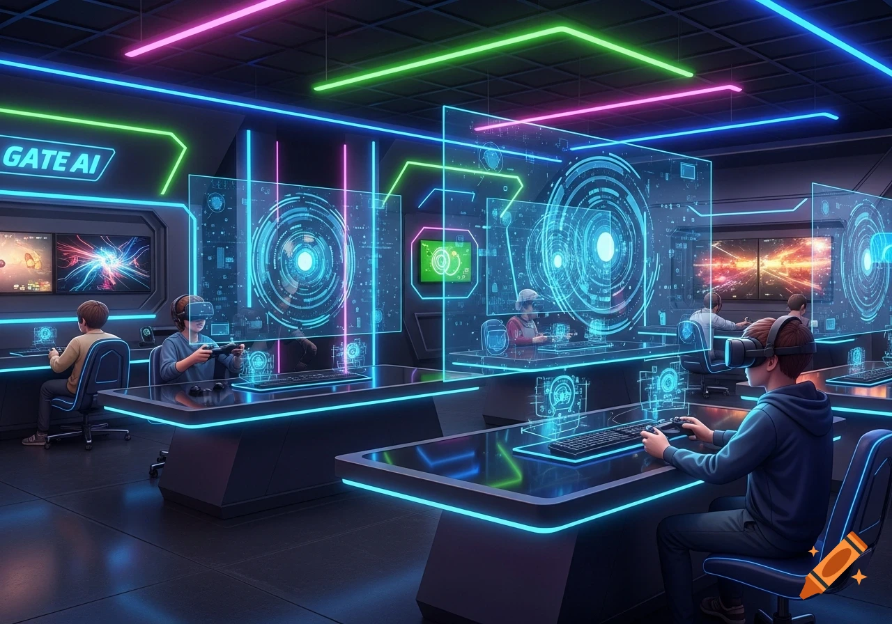 People in a futuristic gaming room with neon lights and holographic displays, wearing VR headsets.