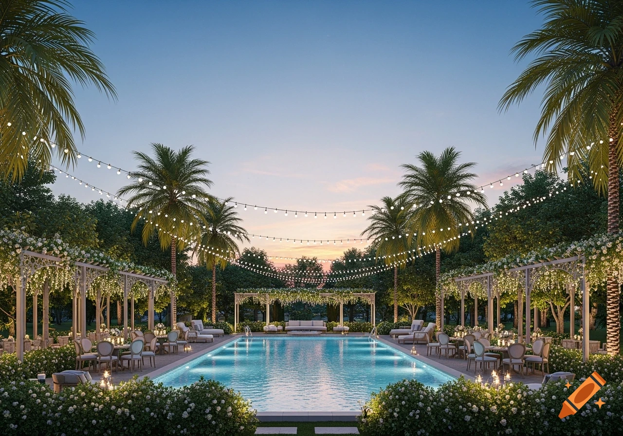 A luxurious outdoor event space at dusk with a large swimming pool, surrounding dining tables, pergolas draped in white flowers, palm trees, and string lights under a clear sky.