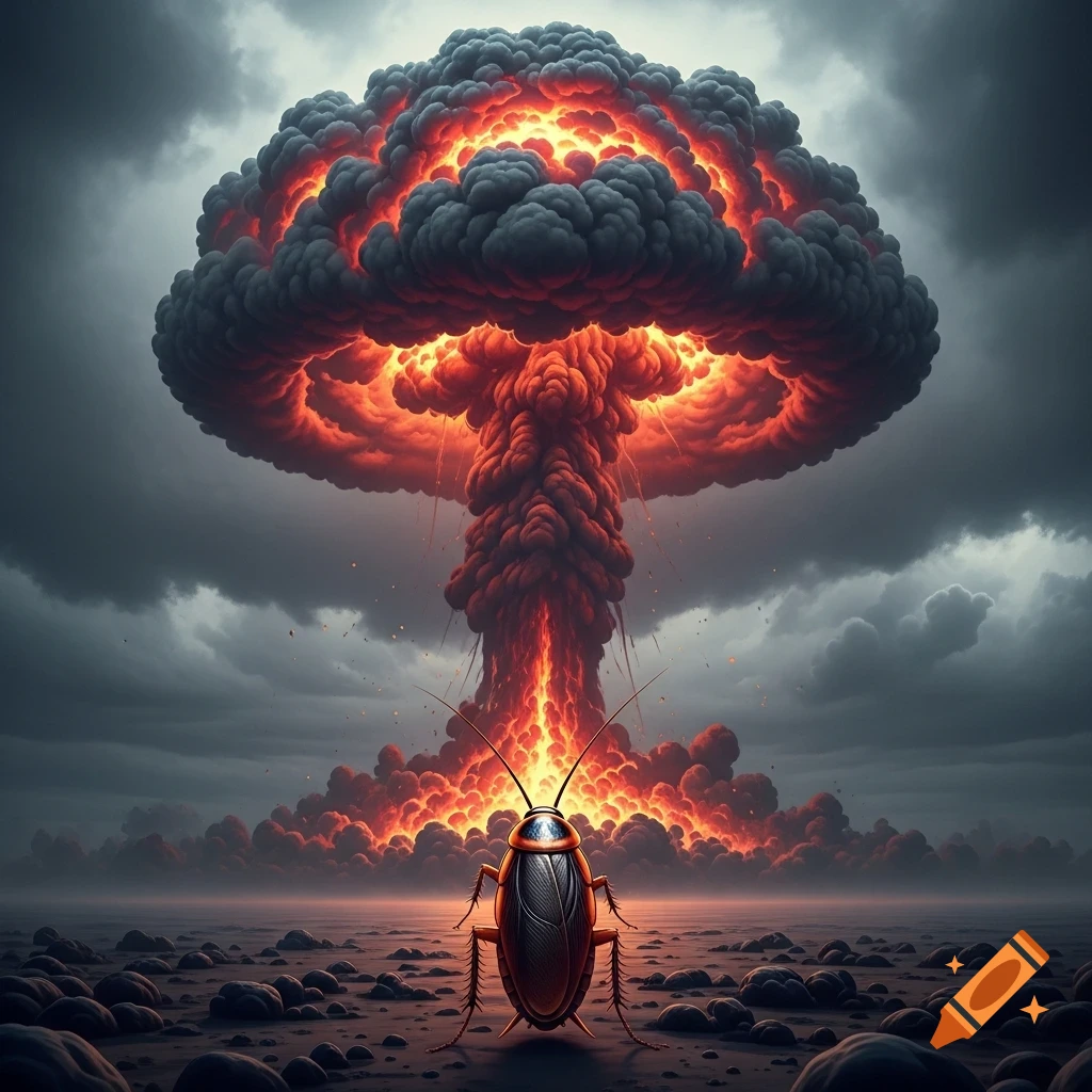 A large cockroach stands on a desolate landscape before a towering, fiery mushroom cloud under dark, cloudy skies.