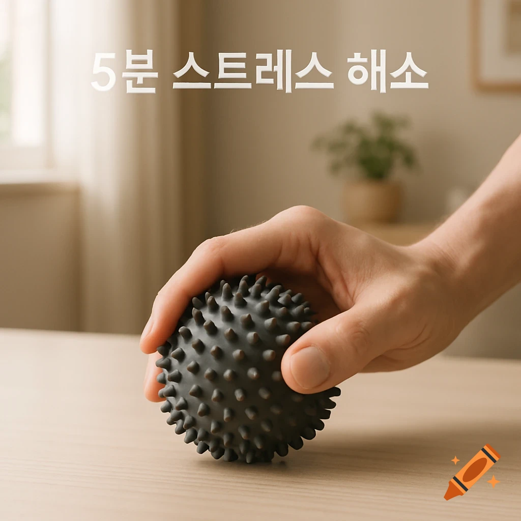 A hand holds a dark grey spiky massage ball on a light wooden table, with Korean text '5분 스트레스 해소' above, in a photorealistic style.